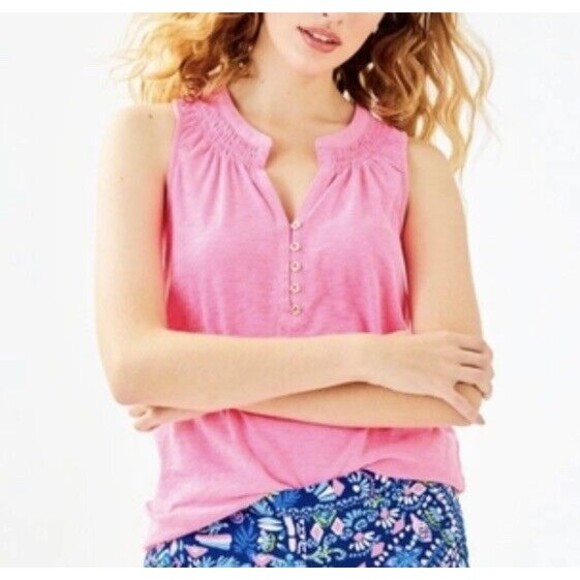 Lilly Pulitzer Tops - Lilly Pulitzer Essie Blouse Top Smocked Cotton Resort Size S Pink Buttons